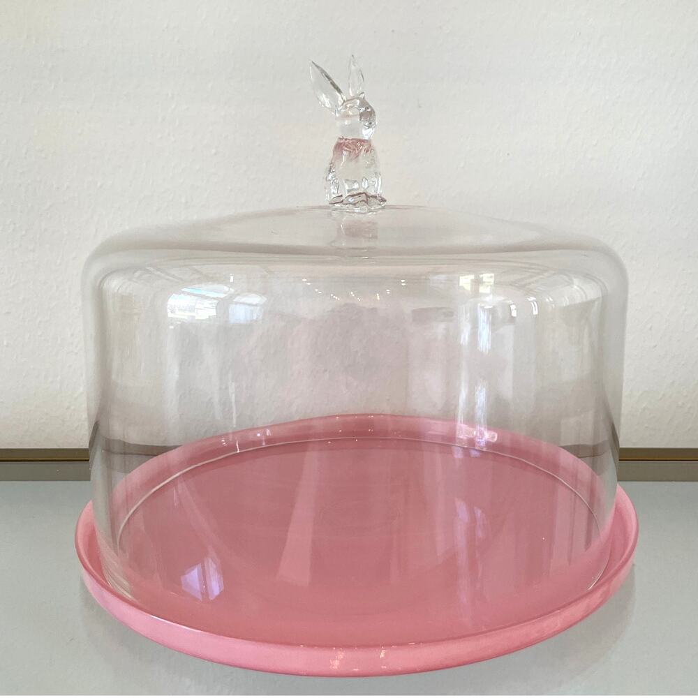 Pink Glass Bunny Cake Dome 11x12 Chic Easter Decor NEW